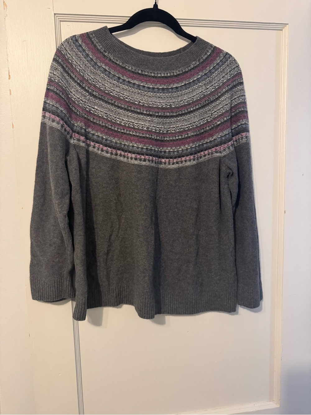 J. Jill Gray Crewneck Sweater with Pink and Light Gray Yoke